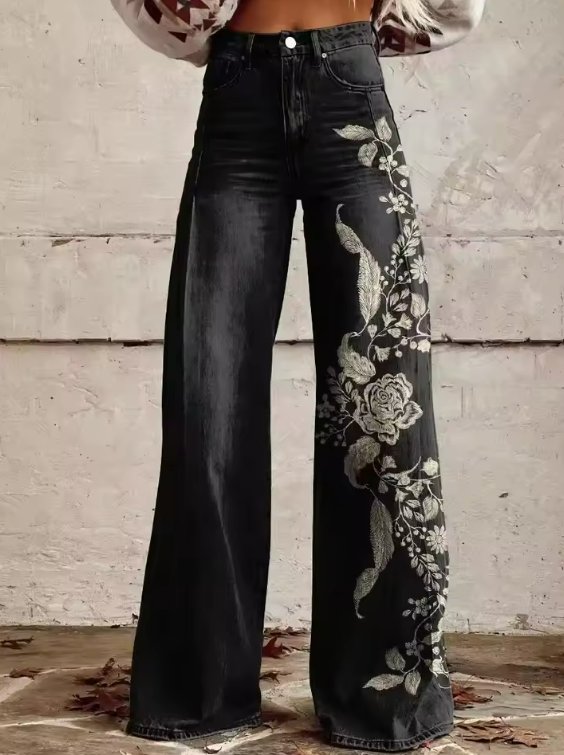 Xyza | Boho Vintage Schwarze Blumenhose