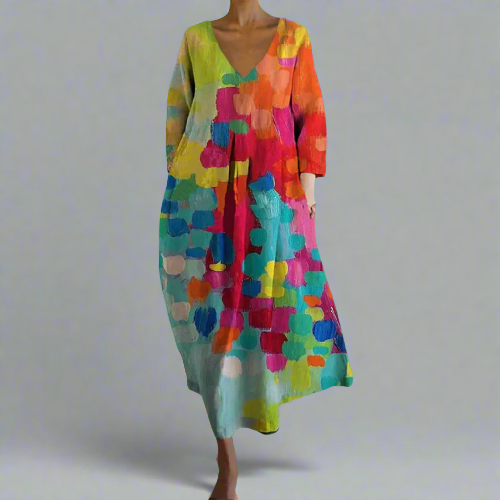 Elowynne | V-Ausschnitt Buntes Kleid