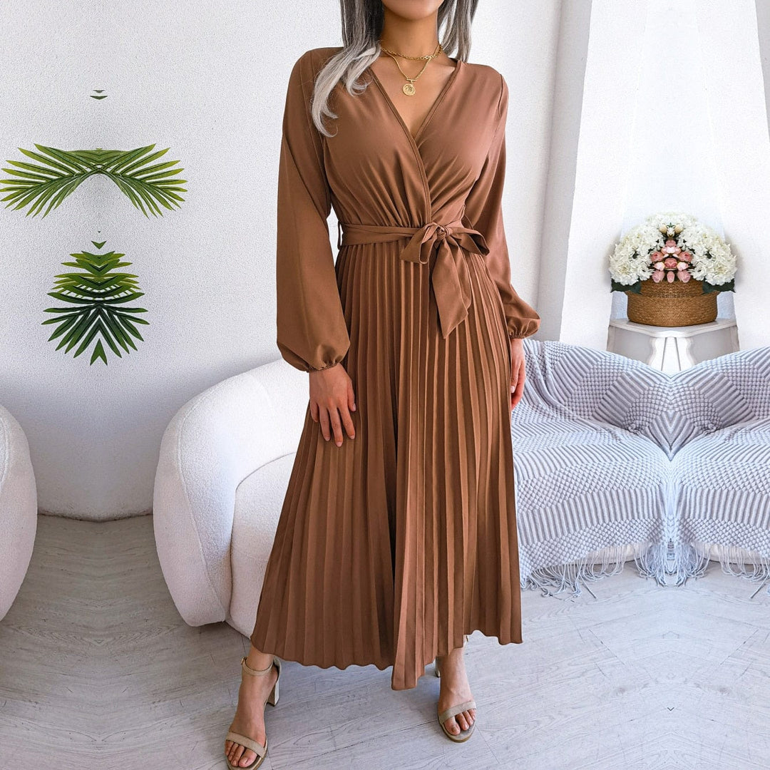 Elsie | Braune Maxi Kleid Mit V-Ausschnitt Festlicher Boho Stil