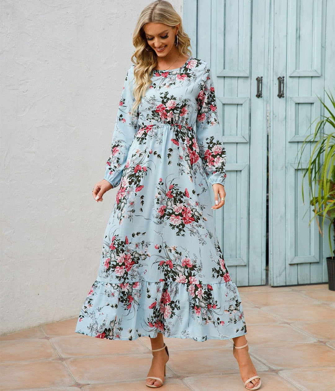 Kelzy | Lichtblaue Sommer Ibiza Kleid mit Blumenmuster
