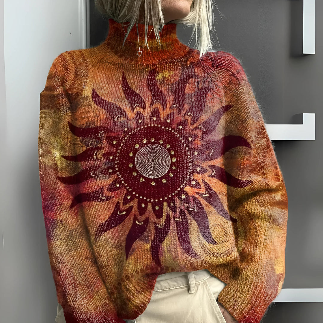 Eline | Warmer Strickrollkragenpullover mit Tribal Sonnenmotivnenmotiv