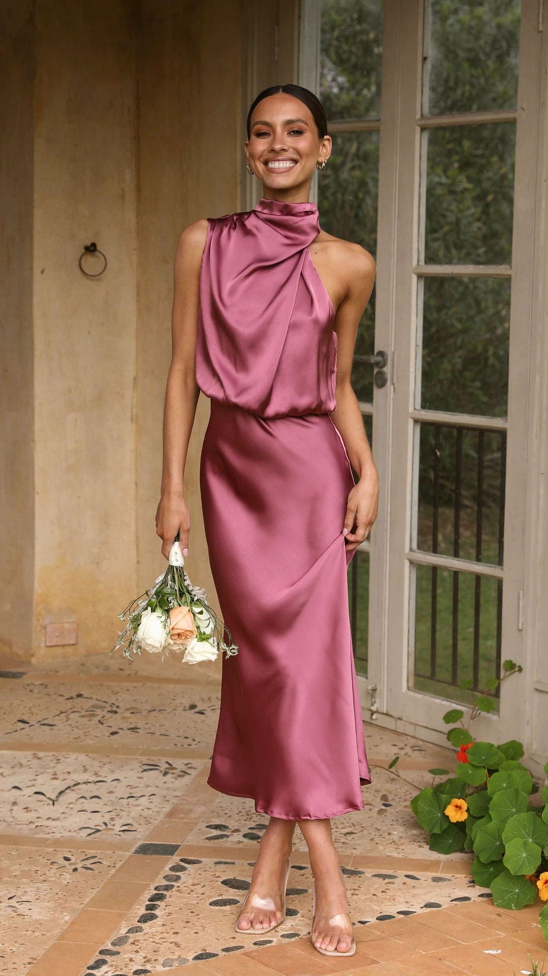Violette | Elegantes Satin-Kleid mit Hohem Hals Altrosa