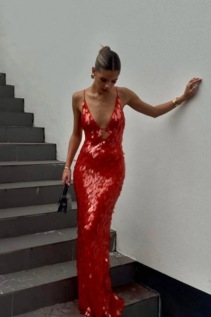 Keziah | Glitzer Pailletten Rückenfreies Trägerkleid
