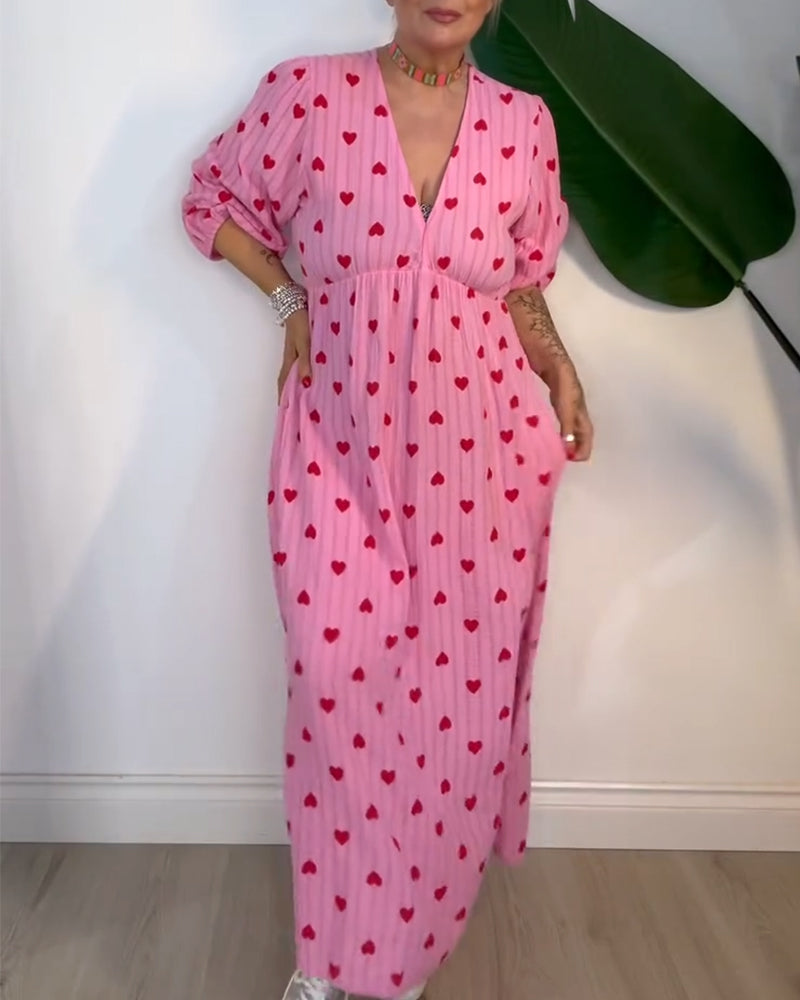 Beena | Elegantes V-Ausschnitt Kleid mit Herzmuster