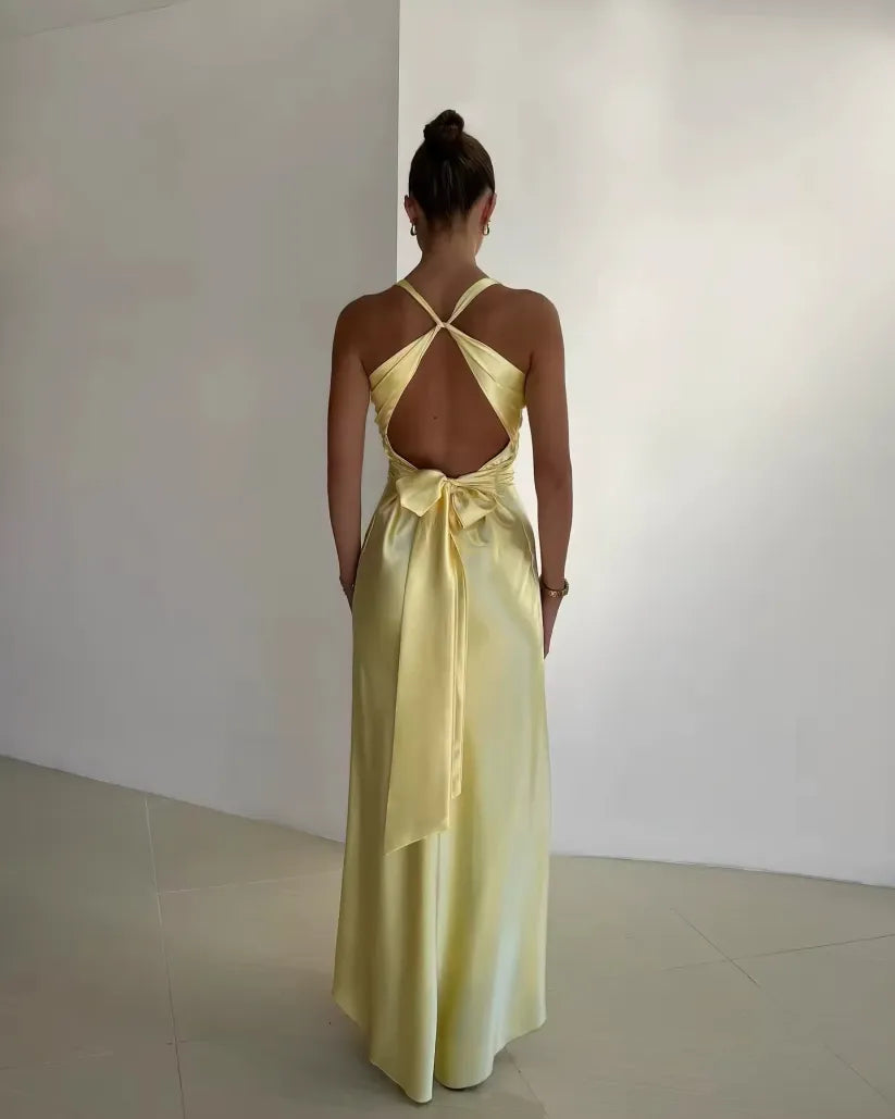Rosalie | V-Ausschnitt Satin Schleifen Rückenfreies Maxikleid