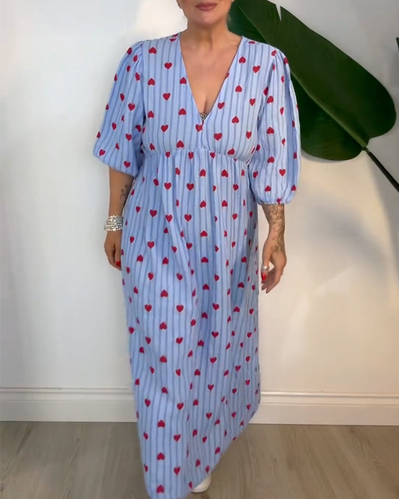 Beena | Elegantes V-Ausschnitt Kleid mit Herzmuster