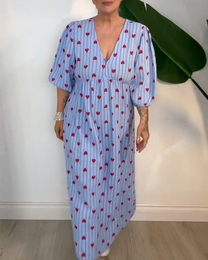 Beena | Elegantes V-Ausschnitt Kleid mit Herzmuster