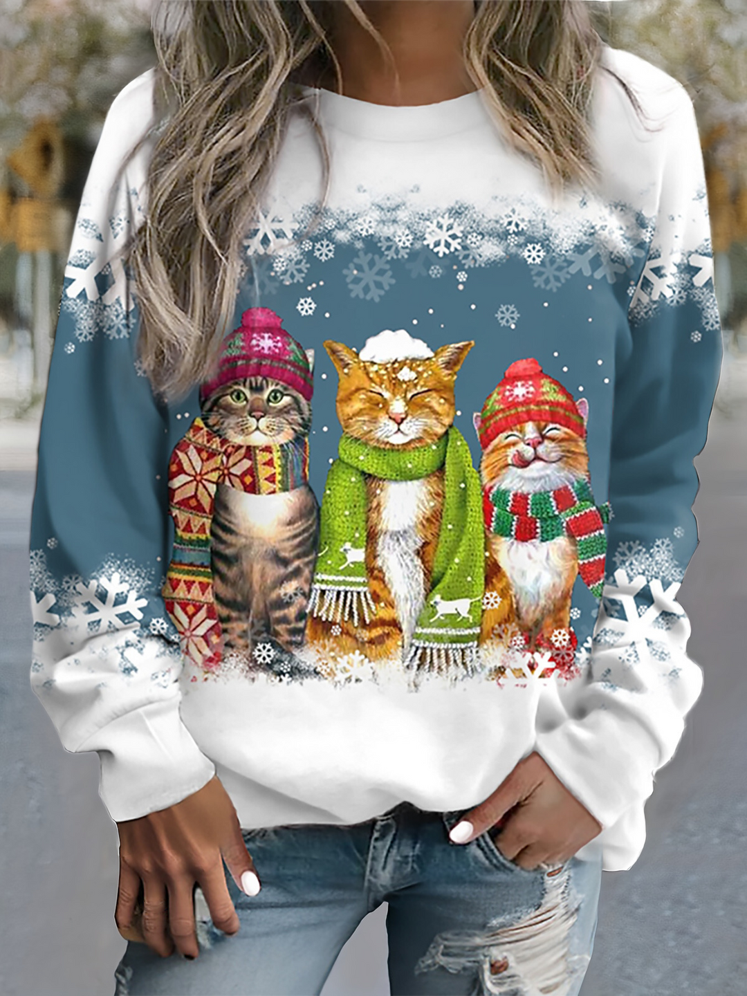 Nelie | Warmes Winter Top Mit Schneekatzen Print