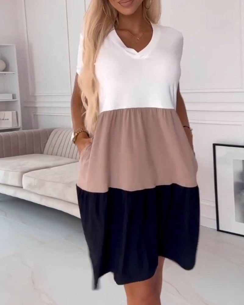 Emmalyn | Farbblock Freizeitkleid mit kurzen Ärmeln
