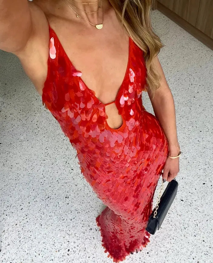 Keziah | Glitzer Pailletten Rückenfreies Trägerkleid