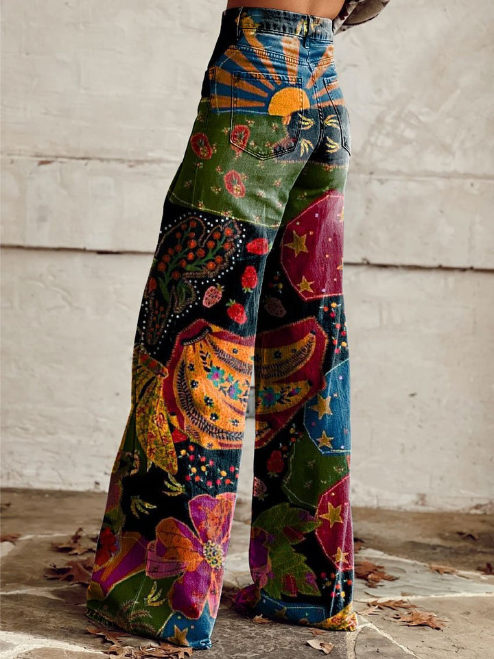 Polly | Schwarze Boho-Vintage-Blumen-Hose