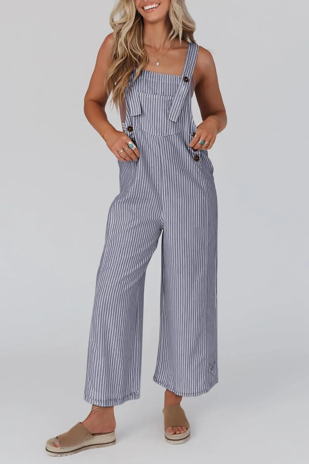 Erica | Damen Button Gestreifter Weitbeiniger Jumpsuit
