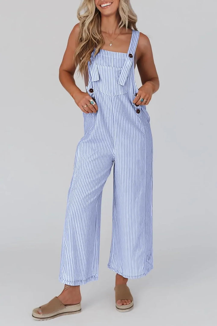Erica | Damen Button Gestreifter Weitbeiniger Jumpsuit