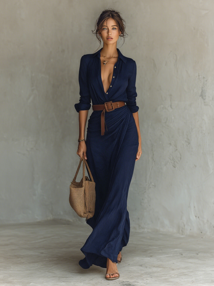 Marcella | Elegantes Maxikleid mit Gürtel und klassischem Reverskragen