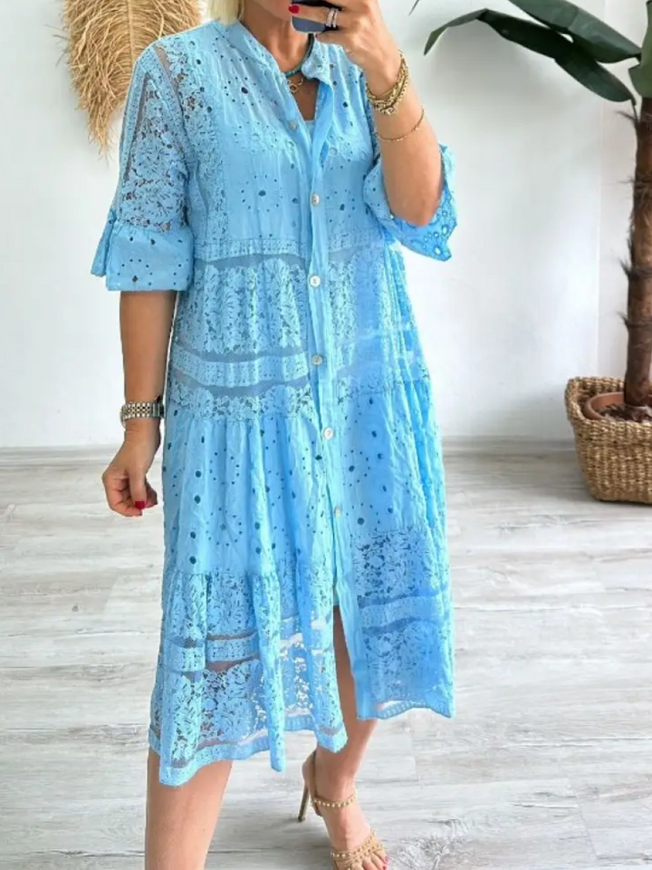 Inga | Kleid mit Stickerei und Knopfleiste