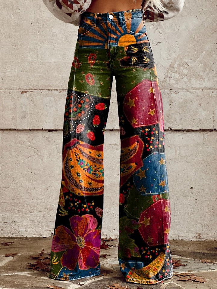 Polly | Schwarze Boho-Vintage-Blumen-Hose