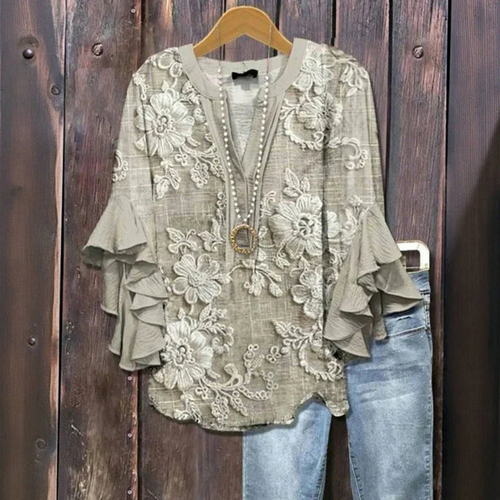 Leigh | Vintage Floral Ruffle-Ärmel Bluse