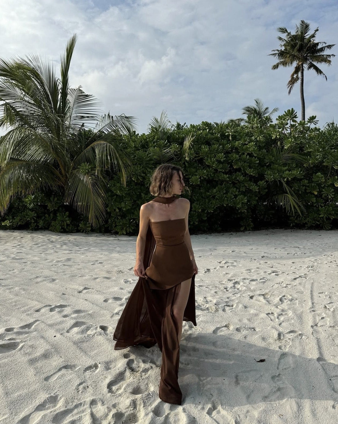 Adrianne | Trägerloses Patchwork-Maxikleid aus Mesh mit asymmetrischem Schnitt