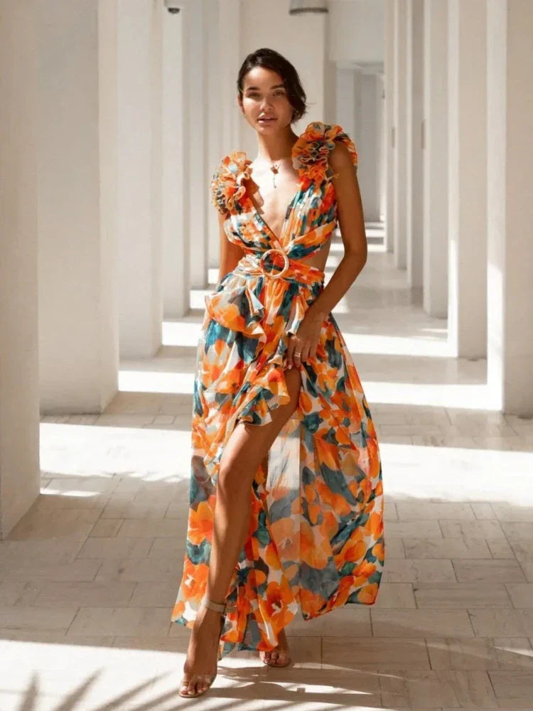 Nora | Elegantes Rückenfreies Rüschens Maxikleid