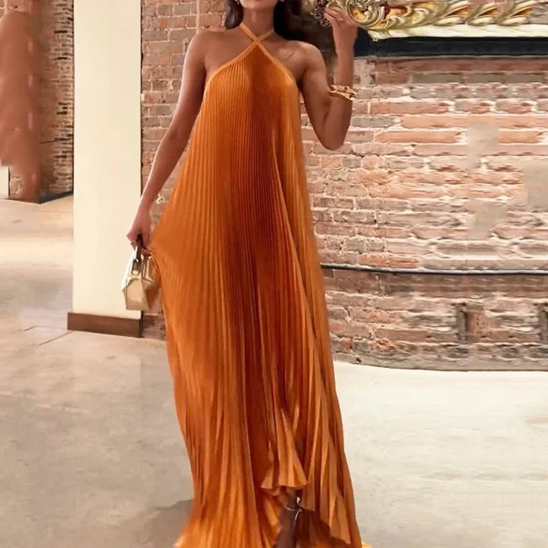 Almira | Schickes Plissiertes Maxikleid mit Halterneck