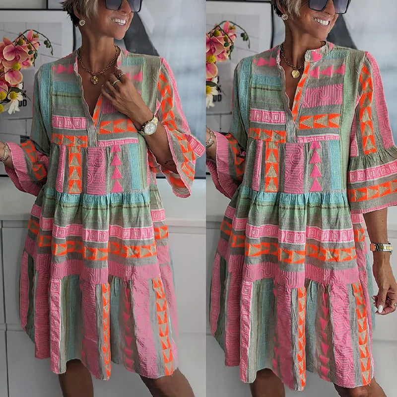 Ava™ - Schickes V-Ausschnitt Sommerkleid aus Baumwolle und Hanf
