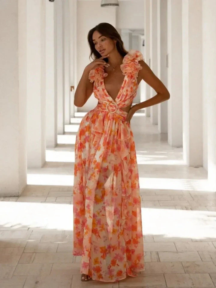 Nora | Elegantes Rückenfreies Rüschens Maxikleid