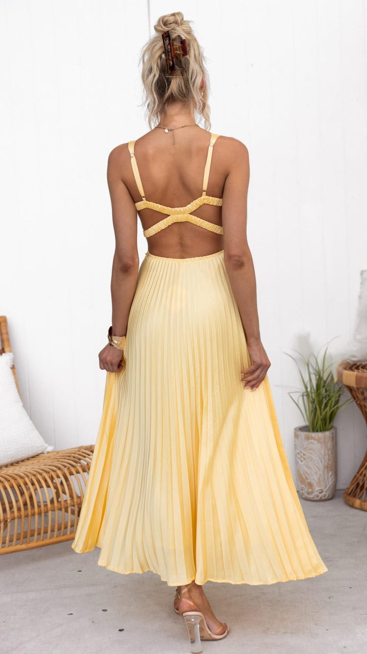 Juliene | Gelbes Plissiertes V-Ausschnitt Maxikleid
