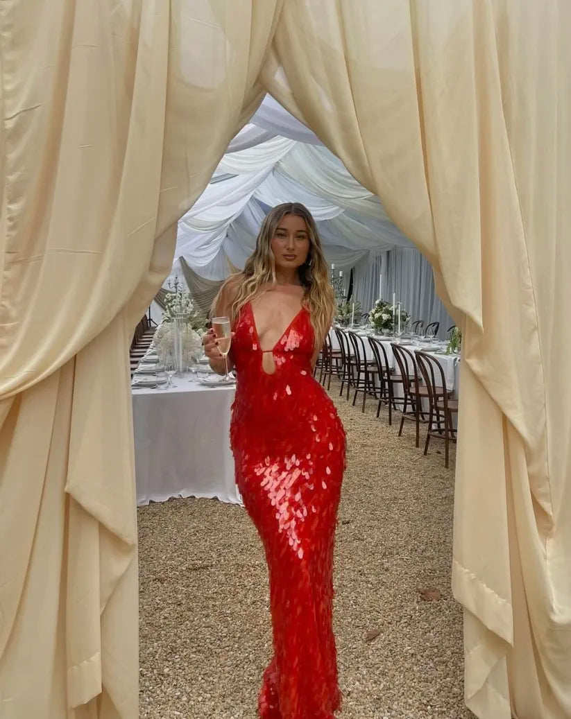 Keziah | Glitzer Pailletten Rückenfreies Trägerkleid