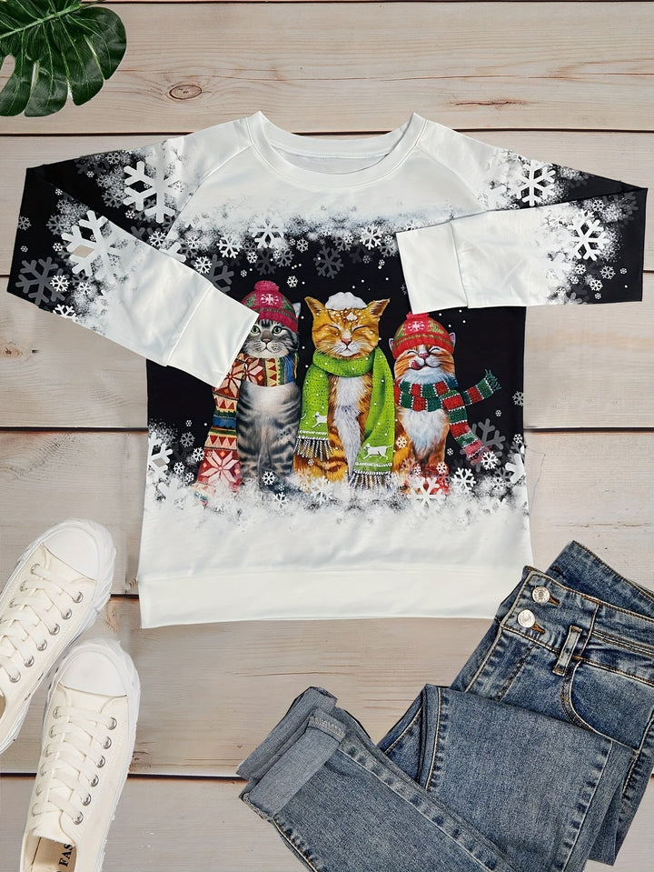 Nelie | Warmes Winter Top Mit Schneekatzen Print