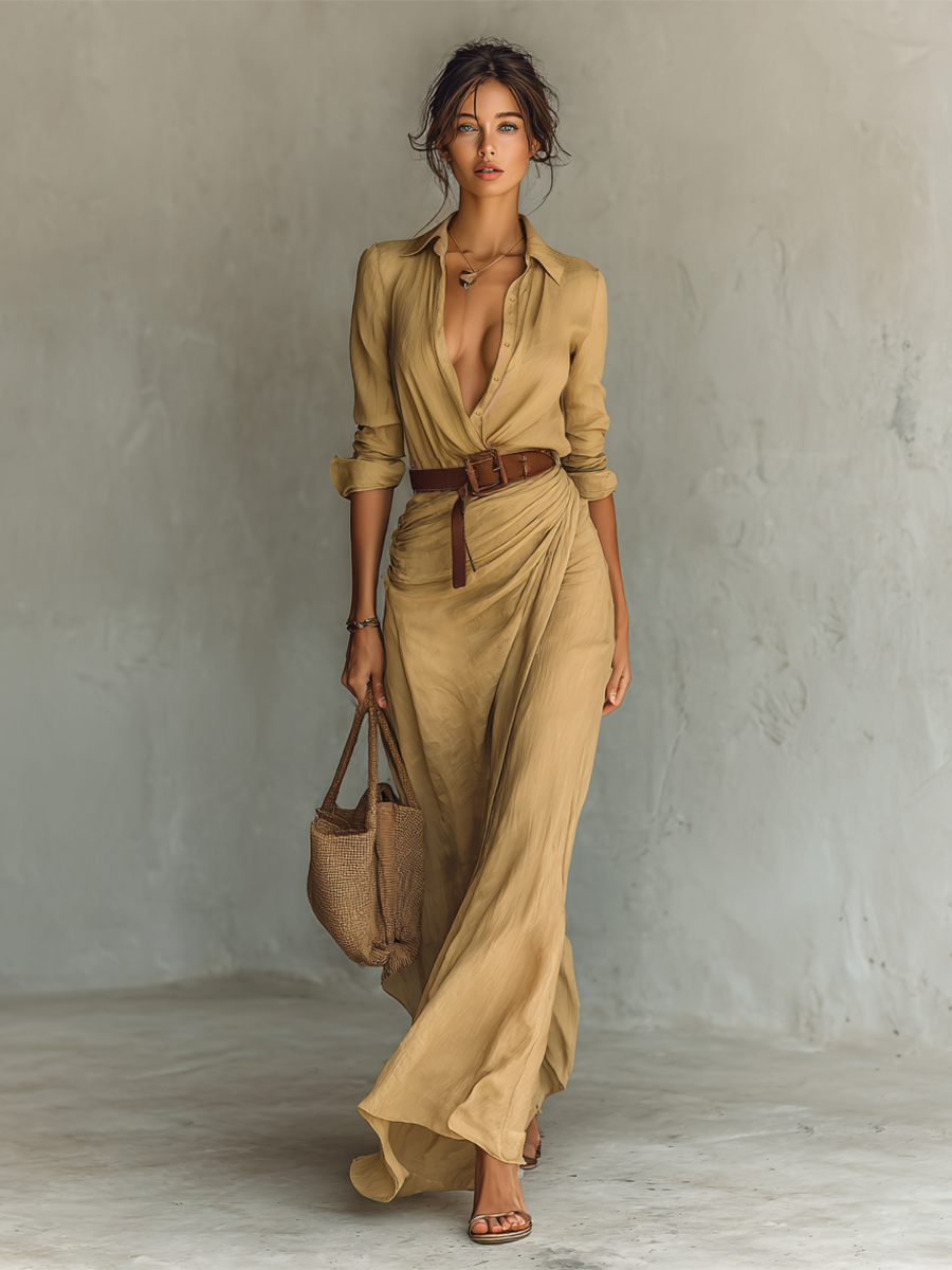 Marcella | Elegantes Maxikleid mit Gürtel und klassischem Reverskragen