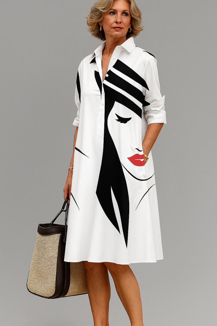 Clara | Midikleid in Weiß mit Modern-Art-Print