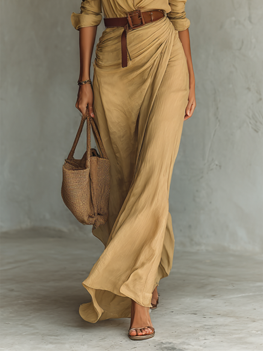 Marcella | Elegantes Maxikleid mit Gürtel und klassischem Reverskragen