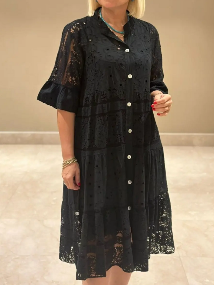 Inga | Kleid mit Stickerei und Knopfleiste