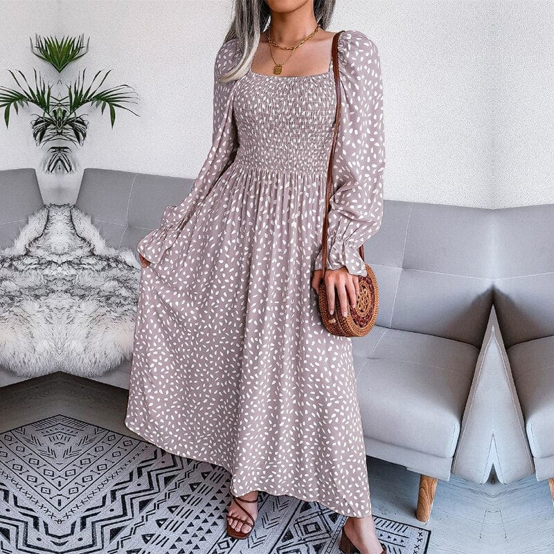 Jeane | Elegante Beige Langarm Maxi Kleid