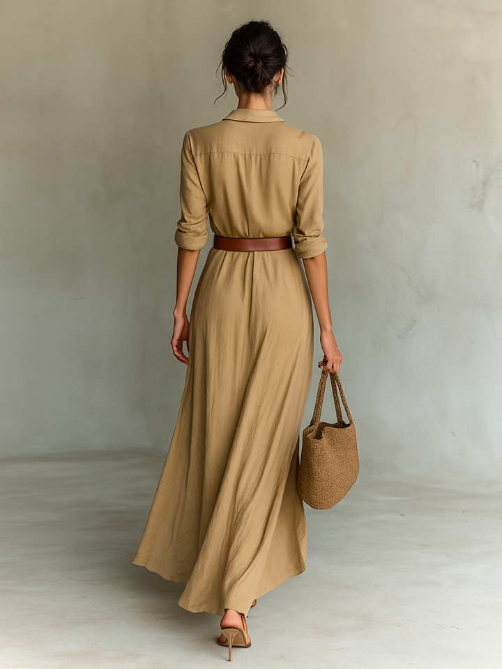 Marcella | Elegantes Maxikleid mit Gürtel und klassischem Reverskragen