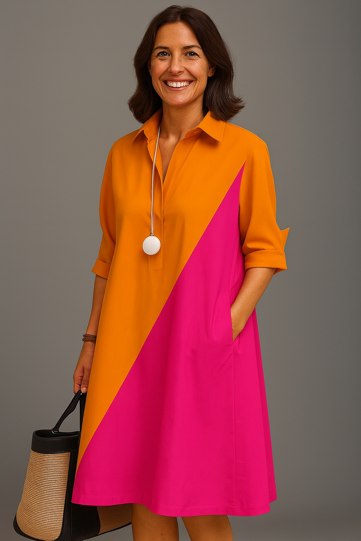 Helene | Modernes Midikleid in Zweifarboptik mit Taschen