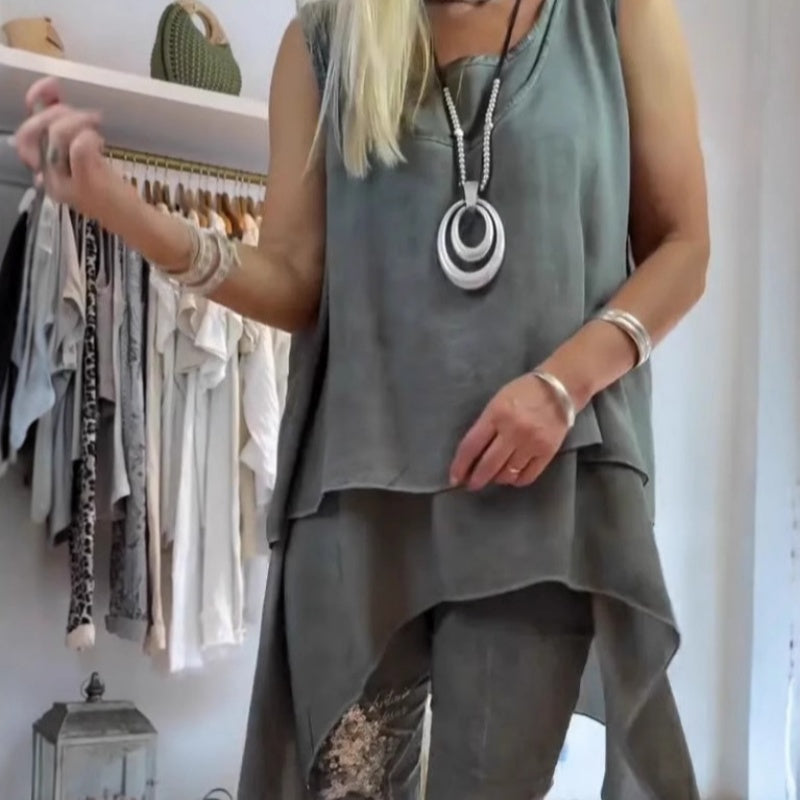 Olivia | Damen Zweiteiliges Set: Ärmelloses Oberteil und Bedruckte Hose