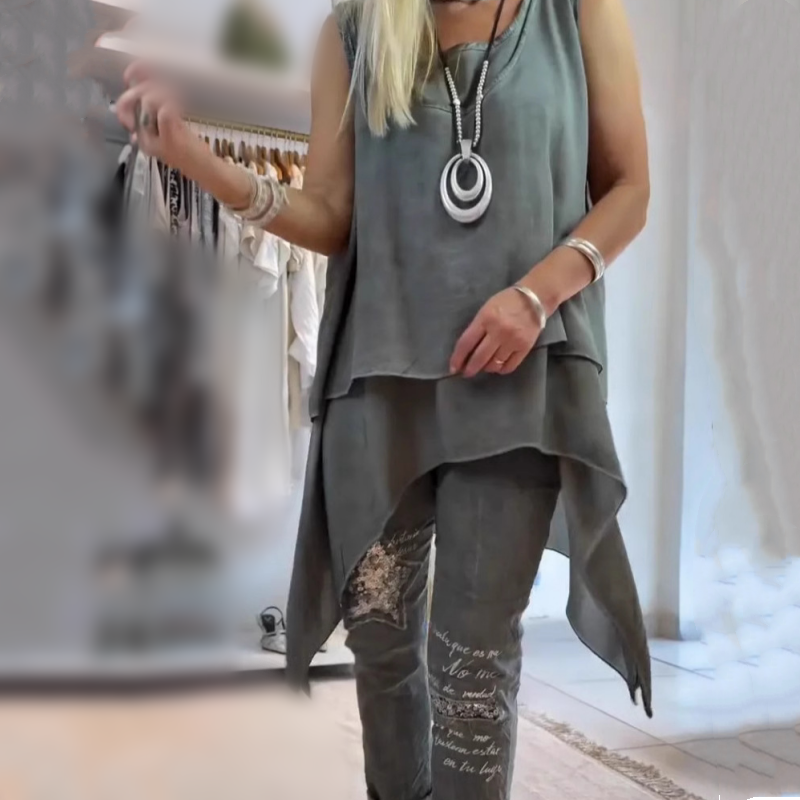 Olivia | Damen Zweiteiliges Set: Ärmelloses Oberteil und Bedruckte Hose
