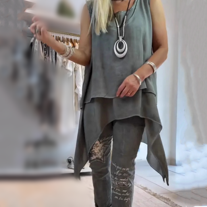 Olivia | Damen Zweiteiliges Set: Ärmelloses Oberteil und Bedruckte Hose