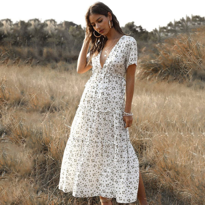 Sharie | Weiße Lange Sommerkleid mit Print